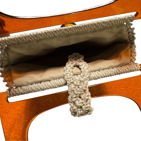 Vintage Handmade Macrame Bag with Bakelite Handles and Button - Picture 4 of 4